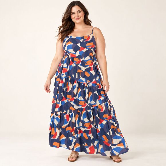 Nine West Dresses & Skirts - Nine West Maxi Dress Womens Plus XXL Navy Orange Abstract Tiered Boho Fall Lined